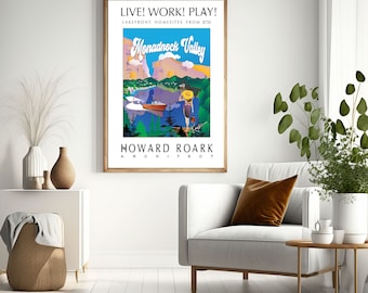 Op de afbeelding: Een vintage reisposter die lakefront-woningen in Monadnock Valley promoot. De poster toont een vrouw met een strohoed die naar een meer loopt met een bergketen op de achtergrond. De tekst op de poster luidt "LIVE! WORK! PLAY! LAKEFRONT HOMESITES FROM $750 Monadnock Valley HOWARD ROARK ARCHITECT".