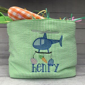 Personalized Embroidered Seersucker Easter Baskets | Easter Totes | Easter Buckets | Easter Helicopter | Helicopter dropping Easter Eggs