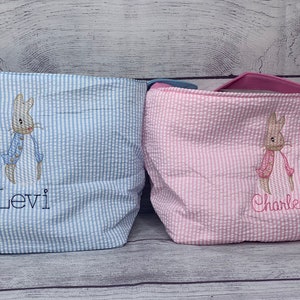 Personalized Peter Rabbit Seersucker Easter Baskets | Peter Rabbit Baskets | Embroidered Easter Baskets | Easter Totes | Seersucker Baskets