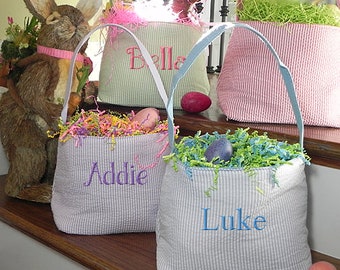 Personalized Seersucker Easter Baskets | Embroidered Easter Baskets | Monogrammed Easter Baskets | Easter Basket with name or monorgram