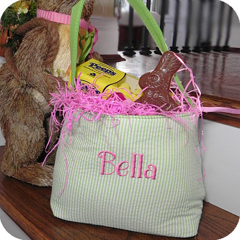 Personalized Seersucker Easter Baskets Embroidered Easter Baskets Monogrammed Easter Baskets Easter Basket with name or monorgram image 4