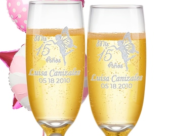 Custom Engraved Quinceanera Champagne Flutes - Magical Fairy Design - Set of 2 - Personalized with Name and Date