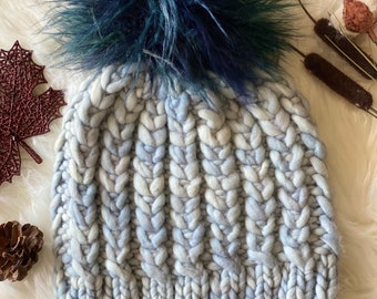 Handmade Merino Wool Knit Beanie - Braided Hearts, Faux Fur  display picture 2