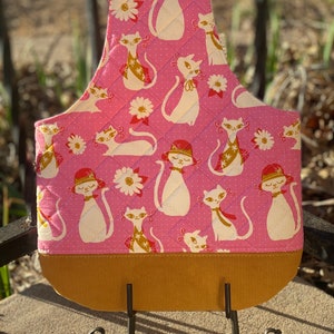 Medium Knitting/ Crochet Project Bag wristlet with needle storage in Cotton &Steel Beauty Shops Fancy Cat pink print for on the go WIP’s