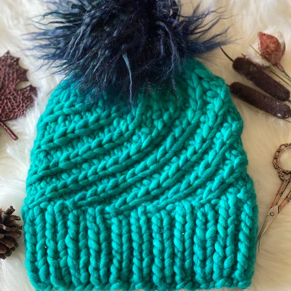 100% Malabrigo Merino Wool knitted luxury chunky winter hat/Beanie with Faux Fur Pom Falmouth pattern by Roship Lane