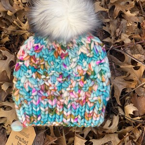 100% Hedgehog Fibres Merino Wool knitted luxury winter hat-chunky Beanie with Faux Fur Pom Arbor Beanie pattern by yarnitallbyjill