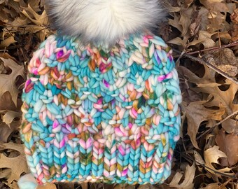 Hand-Knitted Merino Wool Beanie: Chunky Winter Hat with Faux Fur Pom