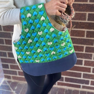 Medium knitting bag, project bag, knitting wristlet, project tote, yarn storage in quilted cotton fabric by Ruby Star Society and canvas