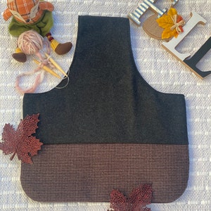 Large knitting project bag /tote/ knitting travel bag/ yarn storage in wool and brown plaid/gift for knitters