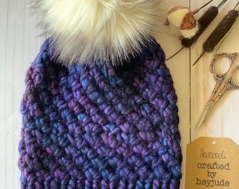 Handknit Merino Wool Beanie: White & Lavender Snowflake Hat with Faux Fur Pom Handknit Merino Wool Beanie: White & Lavender Snowflake Hat  main image 3