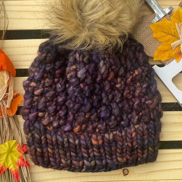 100% Merino Wool knitted luxury winter hat -toque -chunky Beanie with Faux Fur Pom