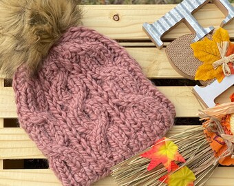 Knitted winter hat -toque -chunky Beanie with Faux Fur Pom
