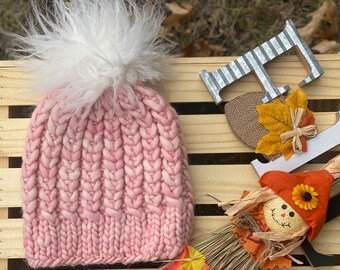 Handmade Merino Wool Knit Beanie - Braided Hearts, Faux Fur  display picture 3