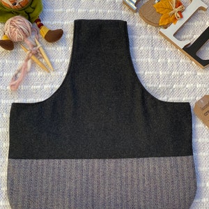 Large knitting project bag /tote/ knitting travel bag/ yarn storage in Wool and navy herringbone/gift for knitters