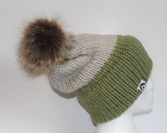Double Brimmed Hat with Faux Fur Pom