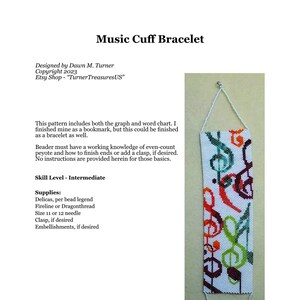 May include: A white beaded bracelet with a pattern of colorful musical notes. The bracelet is made with even-count peyote stitch and is finished with a clasp. The pattern includes both a graph and a word chart. The bracelet is designed by Dawn M. Turner and is available on Etsy.