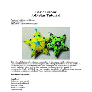 May include: A tutorial titled "Basic Bicone 3-D Star Tutorial" with two beaded star examples. One star is yellow with blue accents, the other is green with black accents. The tutorial is designed by Dawn M. Turner.