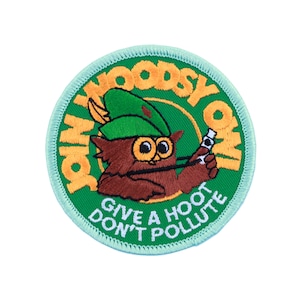 Official Woodsy Owl Patch Give a Hoot Don't Pollute 1973 Iron on; US Forest Service, Smokey Bear Series; DIY Junior Ranger Halloween Costume