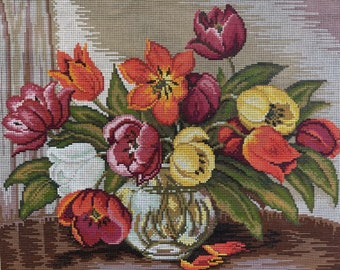Vintage Needlepoint Canvas - Tulips - Ready to Stitch