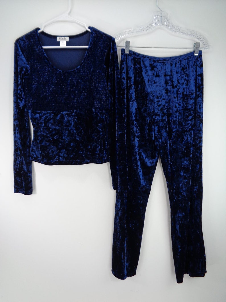 Blushe by Spiegel Womens Blue Vintage Velour Ruched Blouse /& Pants Size M