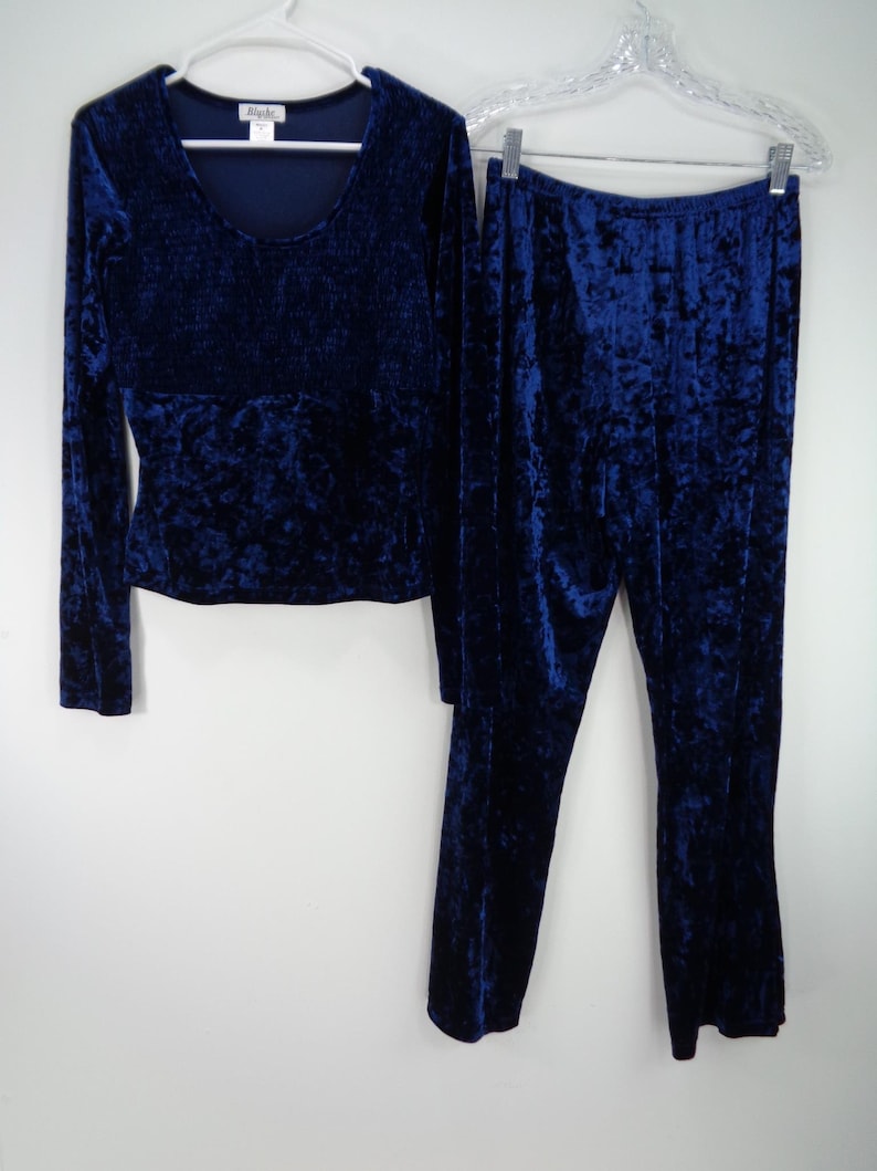 Blushe by Spiegel Womens Blue Vintage Velour Ruched Blouse /& Pants Size M