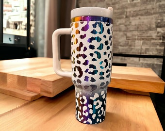 Ombré leopard print 40oz handle tumbler with rainbow color-white cup-