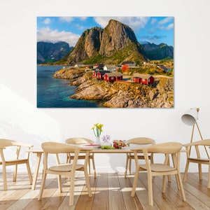 Lofoten Islands Photo Print on Canvas Lofoten Island Art for Wall Norway Decor for Room Norway Coastline with Red Cottages Norway Wall Decor