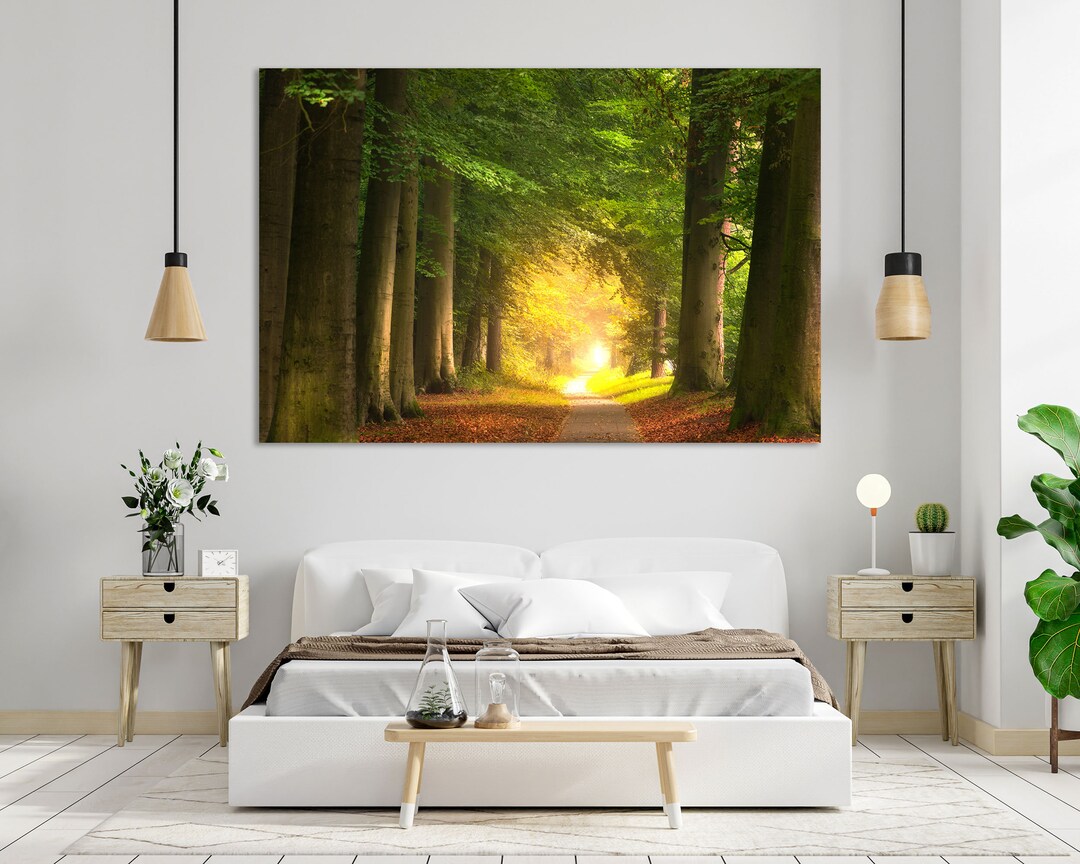 Pathway With Big Green Leafed Trees Print Canvas, Forest Art Decor