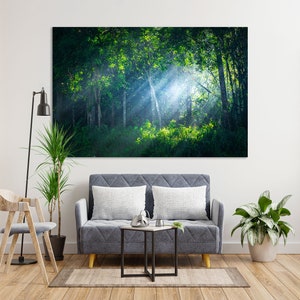 Sun Rays in Forest Print Canvas, Forest Trendy Wall Art, Green Forest Modern Wall Decor, Forest Artwork, Wooden Wall Decor, Forest Decor