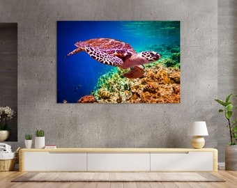 Sea Turtle Wall Decor, Ocean Animals Popular Wall Art, Coral and Reef Picture Print, Turtle Canvas Print, Sea Turtle Decor for Home