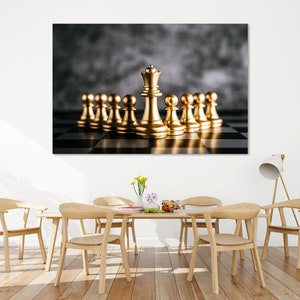Gold Chess Stylish Decor Wall, Game of Chess Original Art for Gift, Chess on Chess Board Wall Art, Chess Wall Art, Chess Picture Print