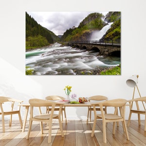 Landscape Latefossen Photo Print on Canvas, Waterfall in Norway Decor for Home, Bridge over Waterfall in Norway Wall Art, Waterfall Print
