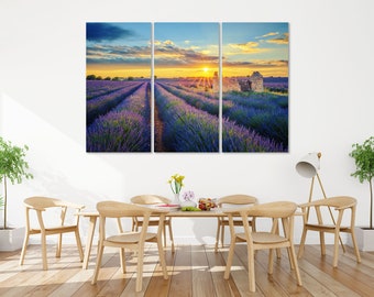 Lavender Field at Sunset Print Canvas, Flowers Field Canvas Art, Flowers Landscape Large Decor for Home, Lavender Field Painting on Canvas