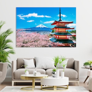 Chureito Pagoda Print on Canvas, Fuji Mountain Picture Print, Cherry Blossoms Modern Wall Decor, Japan Decor for Interior, Fuji Mountain Art