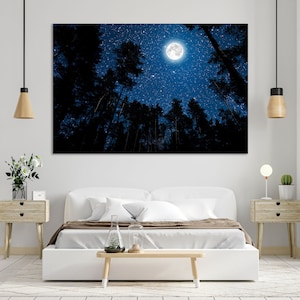 Night Forest with Moon Painting on Canvas, Night Sky Print Canvas, Starry Sky Print Canvas, Forest Art for Home Decor, Night Sky Home Decor