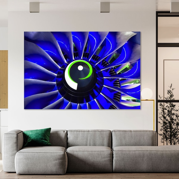Jet Turbine Decor for Wall, Airplane Jet Large Wall Art, Plane Painting for Wall, Aircraft Photo Print, Blue Turbine Design Decor for Wall
