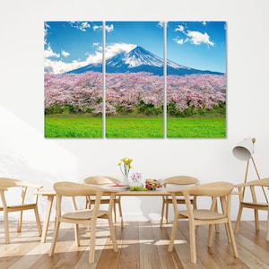 Fuji Mountain and Cherry Blossom Modern Wall Decor, Fuji Mountain Print Canvas, Spring Landscape with Mountain for Wall Decor