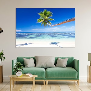 Tropical Beach in Samoa for Home Decor, Palm Tree Print Canvas, Sunny Seascape Painting for Wal, Beach Artwork, Relaxing Wall Art