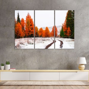 First Snow in the Autumn Picture Print, Colorful Trees Painting Canvas, Winter Art Wall, Yellow Trees Art for Wall, Landscape Print Canvas
