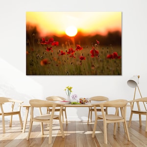 Field with Poppy Flowers at Sunset Printing on Canvas, Wildflowers Canvas Decor, Colorful Flower Art for Bedroom, Flowers on Meadow Painting