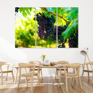 Blue Grapes on Branches Original Decor for Kitchen, Grapes Print on Canvas, Vineyard Picture for Wall Decor, Grape Digital Print on Canvas