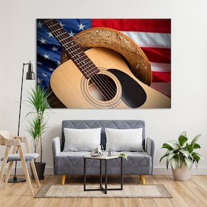 American Country Music Photography Print – Rustic Guitar & Cowboy Hat Wall Art | USA Flag Poster, Western Decor Artwork