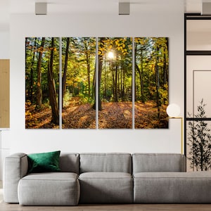 Sonniger Wald moderne Kunst für Interieur, Wald mit Sonnenlicht Druck Leinwand, grüne Waldmalerei Leinwand, bunte Blätter auf Bäumen Dekorwand