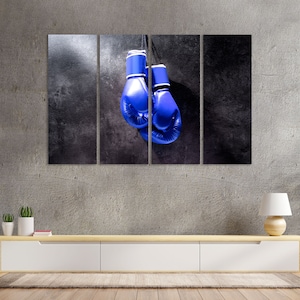 Blue Boxing Gloves on Wall, Boxing Gloves Art Print on Canvas, Boxing Art Decor, Sport Art for Wall, Motivation Art for Home, Boxing Artwork