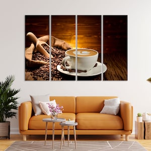 Decoração de arte com café para cozinha, arte com café, impressão de xícara de café e grãos de café em tela, arte moderna com café, arte de design para parede de cozinha