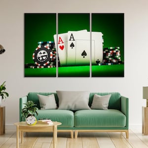 Poker Chips and Two Aces Original Decor for Wall, Poker Game Artwork for Wall, Poker Cards Art for Gift, Poker Art on Green Background