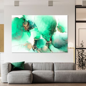 Green Gold Abstract Wall Art, Green Abstract Artwork, Watercolor Abstract Print Canvas, Green Watercolor Painting on Canvas, Abstract Decor