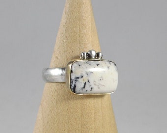 Natural White Buffalo Turquoise 14k Gold & Sterling Silver Ring * Bezel Set OOAK Striking Beading Detail * One of a Kind Unique * Sz US7.5