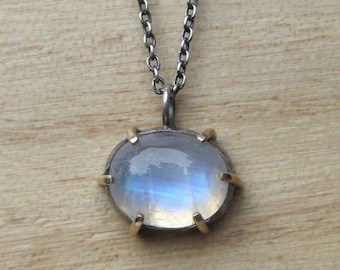Beautiful Minimalist Rainbow Moonstone Necklace Pendant * 14k Gold + Oxidized Sterling Silver * Prong Setting Blue Flash Mixed Metal