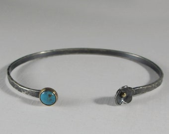 Poppy Stacking Cuff * Sweet Poppy Flower and Natural Turquoise * Sterling Silver and 14k Gold Open Cuff Bracelet